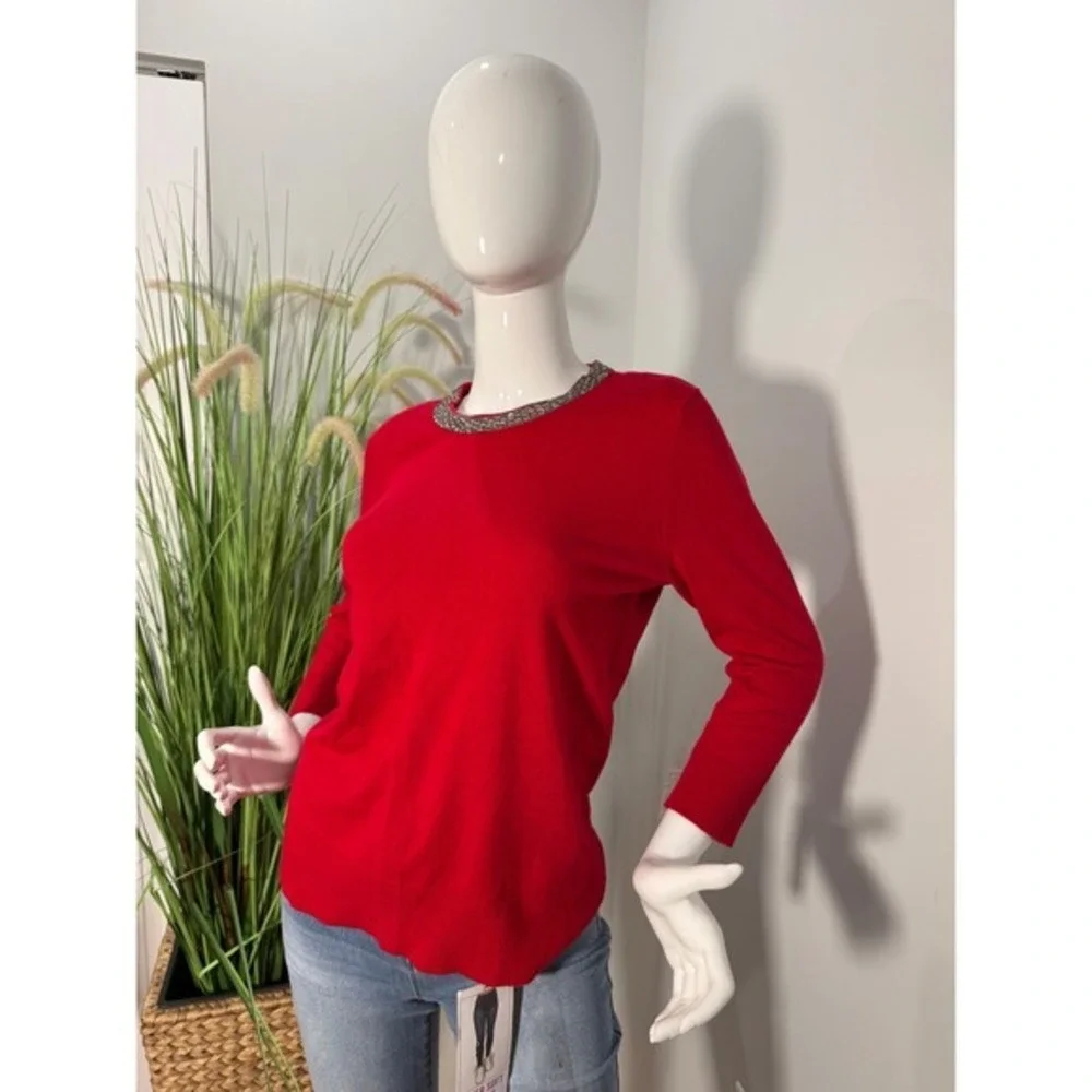 Liz Claiborne‎ Red Jeweled Neck 3/4 Sleeve Sweater Top Elegant Knit Size L NEW